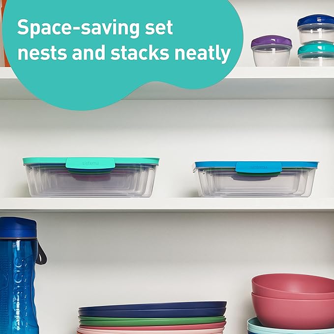Sistema Nest It Meal Prep Food Storage Containers with Lids, 8-Pack of Assorted Sizes, Airtight & Leak-Resistant, Dishwasher, Microwave, & Freezer-Safe, BPA-Free