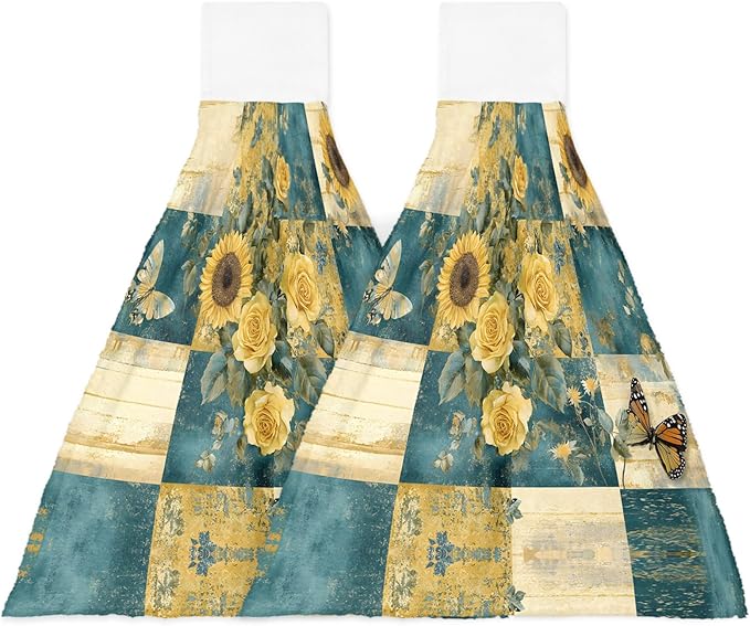 Alandar Home Kitchen Tie Towel Set of 2, Farm Sunflower Rose Butterfly Absorbent Soft Hand Towels for Bathroom Hanging Towels, Vintage Floral on Plaid Fast Drying Cleaning Cloth with Loop