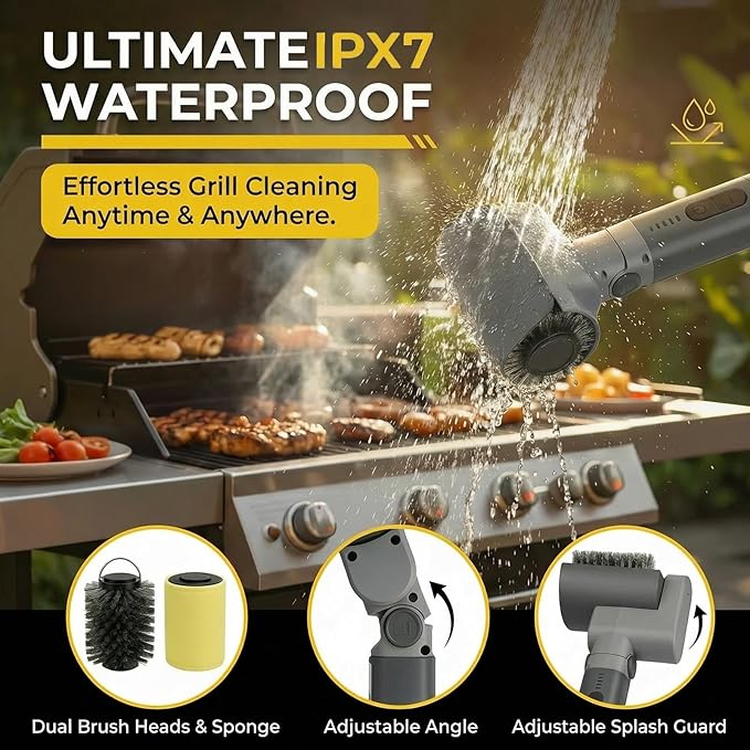 Electric Grill Brush, Cordless Rechargeable Grill Cleaner, 58W BBQ Cleaning Brush with 5200mAh Battery, 150-Min Runtime, 3 Speeds, Angle Adjustable, IPX7 Waterproof, Anti-Shedding for Outdoor Barbecue