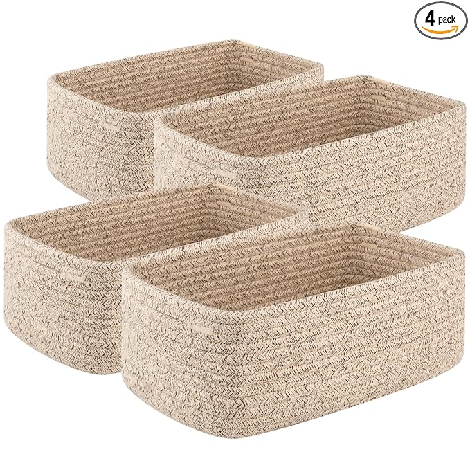 OIASKET 4 Pack Small Storage Shelf Baskets for Organizing, Mini Woven Rope Storage Bins for Towels, Cute Decorative Closet Organizer，Baby Nursery, Gift Empty Baskets -13.78''Lx9.84''Wx5.51''H-Brown