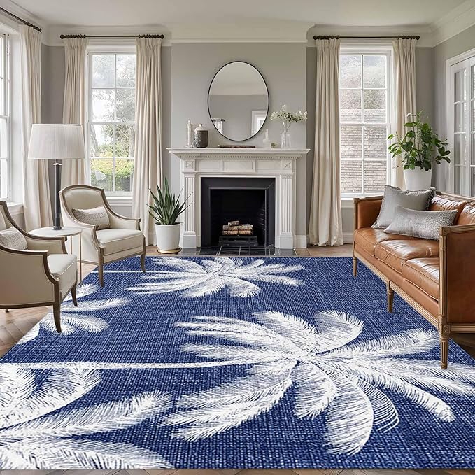 Area Rug 9x12ft, Coastal Palm Trees on Blue Washable Rugs for Living Room Bedroom Rectangle Floor Carpet, Minimalist Tropical Leaves Soft Non-Slip Area Rugs for Dining Room