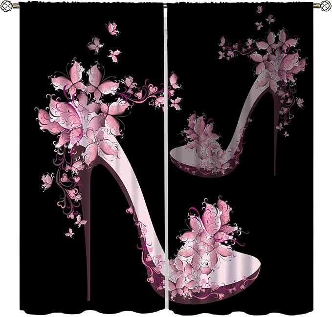 Heels Shoes Window Curtain,Retro Lady Women Pink Floral Butterfly Print Home Deocr Curtains for Kitchen Cafe Bedroom Dining Room Office Living Room Drapes, 63x63 in