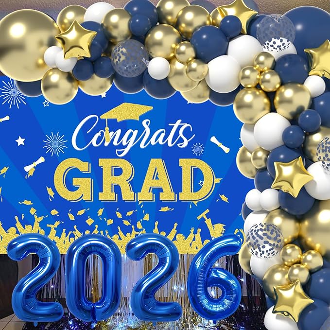 Graduation Decorations Class of 2026: Blue and Gold Graduation Balloons Arch Kit 2026 Grad Party Decorartion with Congrats Grad Backdrop Party Supplies for High School & College Celebrations