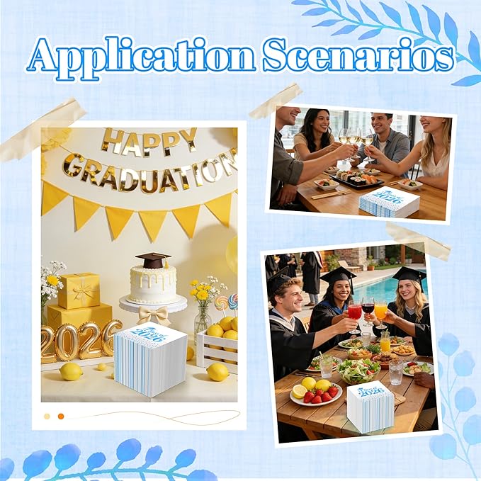 Graduation Napkins - Class of 2026 Napkins Disposable Paper Napkins Congrats Grad Cocktail Napkins Graduation Decorations 2026 Light Blue Napkins Hand Towels for Graduation Party Decorations 50 Pcs