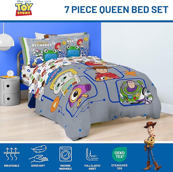 Jay Franco Kids Comforter Set Includes Sheets and Pillow Covers - Soft and Cozy Bed Set for Stylish Room Decor, Official Licensed Bedding, Grey - Toy Story, 7 Piece Queen