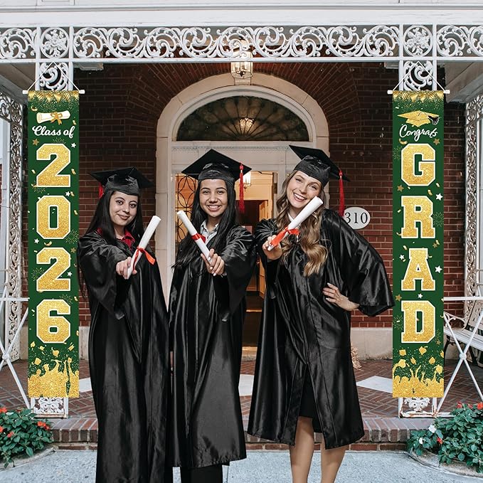 2026 Graduation Party Decorations - Green Gold Class of 2026 Congrats Grad Porch Sign Banner Hanging Flag Graduation Party Supplies for School College Classroom Decor