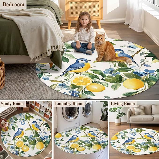 Washable Round Area Rug Pastoral Vintage Lemon Blue Bird Circle Rugs Floor Carpet for Living Room Bedroom, Retro Yellow Fruit Flowers Soft Non Slip Round Rug 5ft