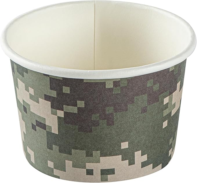 Restaurantware Coppetta 4-Ounce Dessert Cups, 50 Disposable Ice Cream Cups - Lids Sold Separately, Heavy-Duty, Camouflage Paper Frozen Yogurt Bowls, For Hot And Cold Foods