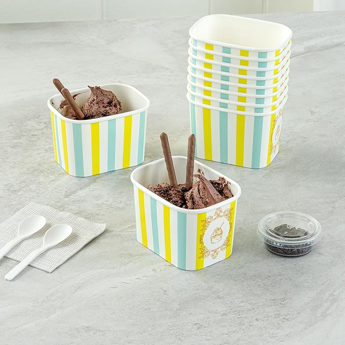 Coppetta 12 Ounce Dessert Cups, 50 Greaseproof Ice Cream Cups - Lids Sold Separately, For Hot And Cold Foods, Blue And Green Stripe Paper Yogurt Bowls, Disposable, Sturdy - Restaurantware