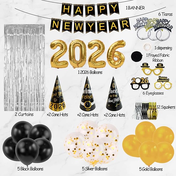 New Years Eve Party Supplies 2026 - Happy New Year Decorations Kit - Set of 50 Includes Banner, Hats, Ribbon, Glasses,Tiaras, Balloons, Squawkers and Fringe Curtains - Accessories for Kids Party Decor