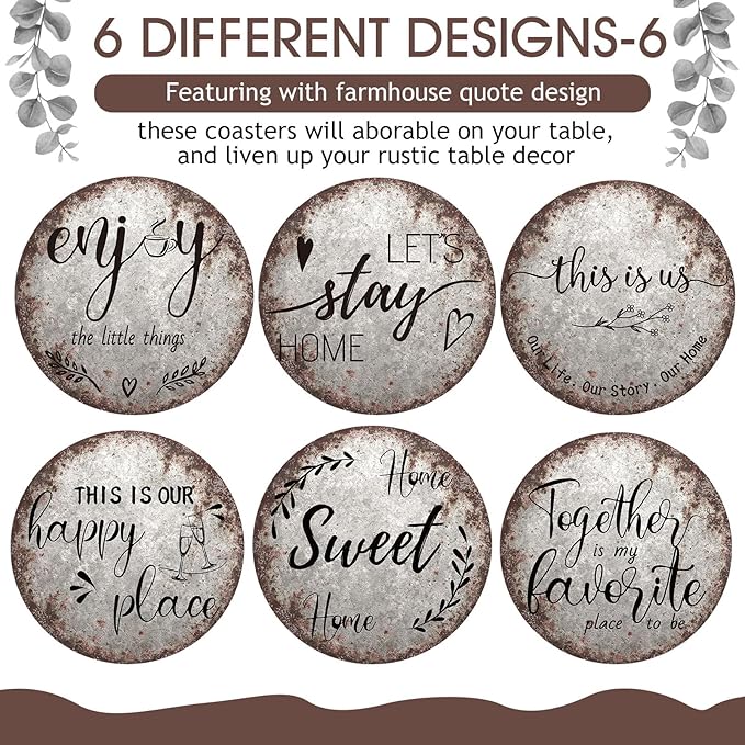 Queekay Coasters Set of 6 House Warming Gifts New Home Wooden Farmhouse Drink Coasters with Holder 4'' Funny Decoration for Kitchen Family Coffee Bar Tabletop Protection(Rust Color)