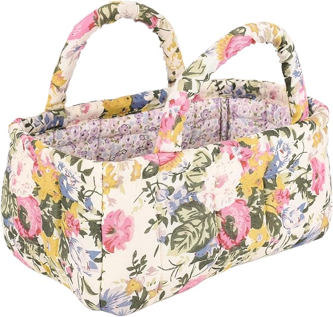 Quilted Fabric Storage Basket Floral Baby Diaper Caddy Quilted Basket for Nursery Bedroom Car Storage