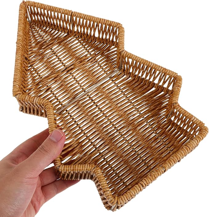 Christmas Tree Serving Platter Bread Basket Rustic Farmhouse Imitation Rattan Holiday Snack Tray Countertop Organizing Bin for Kitchen Tabletop Decor