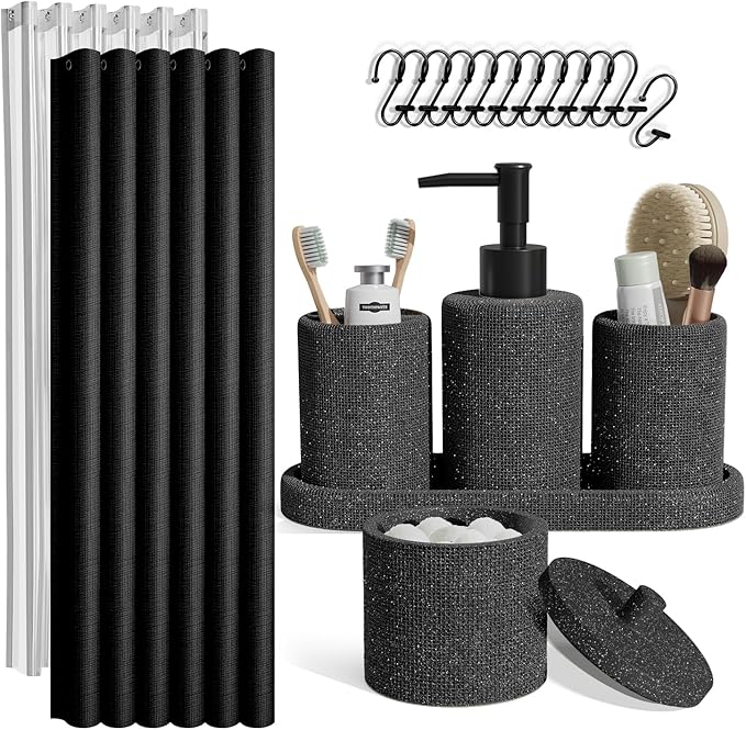 Clara Clark Bathroom Set - Coal Black Bathroom Accessories Set, 19PC Bathroom Accessory Set, Bathroom Sets with Shower Curtain Set, Soap Dispenser & Toothbrush Holder
