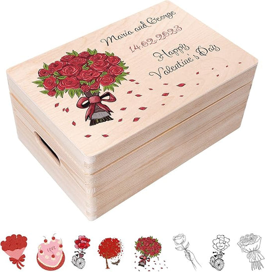 Creative Deco Personalized Wooden Storage Box Valentine Box | 11.8x7.87x5.51in (+-0.5) | Multiple Choice | Hinged Lid Handles Engraving | Unpainted Gift Box | UNSANDED Memory Souvenir Chest
