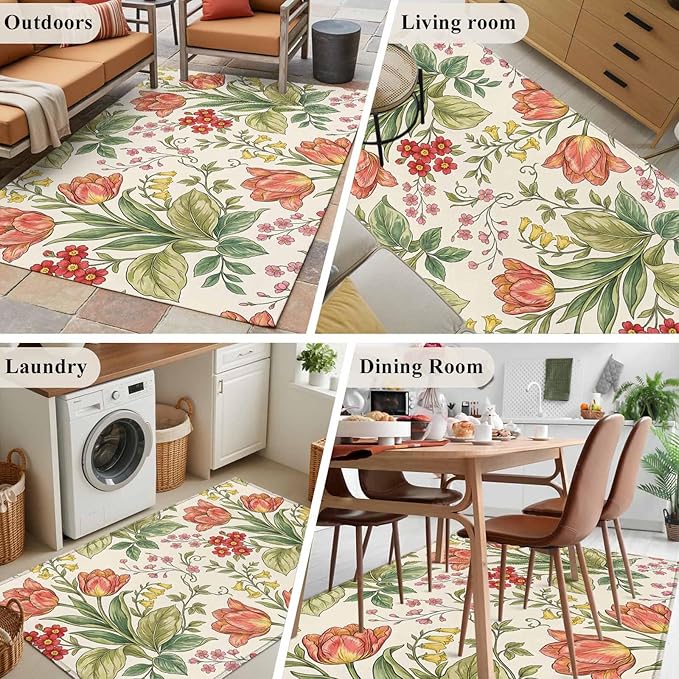 Area Rug 4x6ft, Vintage Tulips Red Daisies Washable Rugs for Living Room Bedroom, Yellow Blooms Floral Pattern Soft Non-Slip Area Rugs Rectangle Floor Carpet for Dining Room