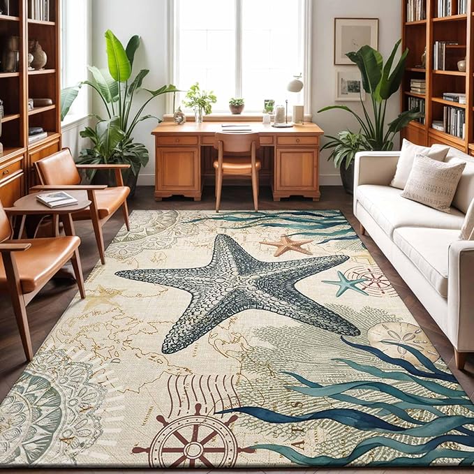 Area Rug 3x5ft, Nautical Starfish Teal Seaweed Starfish Washable Rugs for Living Room Bedroom, Marine Life Soft Non-Slip Area Rugs Rectangle Floor Carpet for Dining Room
