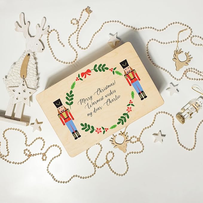 Creative Deco Personalized Christmas Wreath Wooden Storage Box | 11.8x7.87x5.51in (+-0.5) | Multiple Choice | Hinged Lid Handles Engraving | Gift Box | Rough UNSANDED Keepsake Memory Souvenir Chest