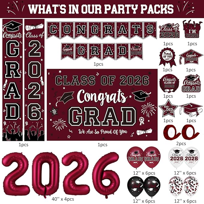 Graduation Decorations Class of 2026 - Maroon Graduation Party Supplies Congrats Grad Backdrop & Banner, Hanging Swirls, Porch Sign, Balloons for High School & College Celebrations