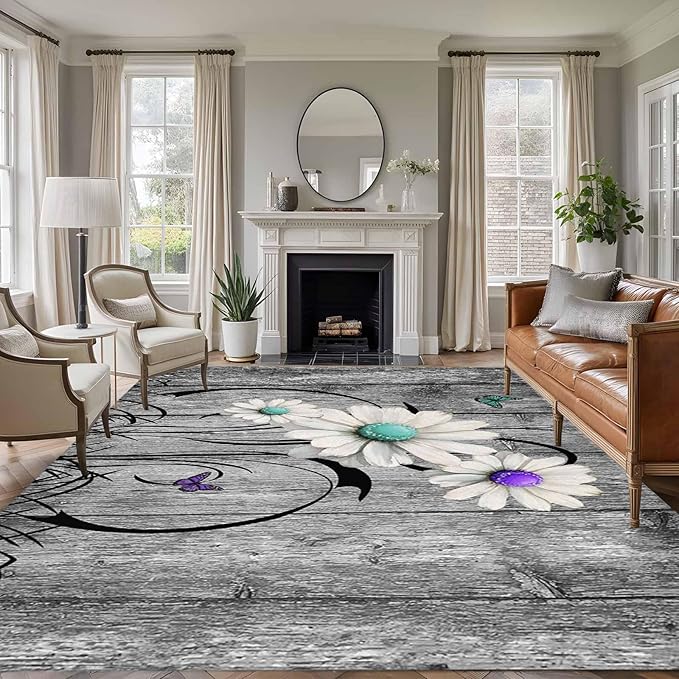 Area Rug 6x9ft, Farm Daisy Shabby Wood Grain Washable Rugs for Living Room Bedroom, Vintage Flower Plant Butterfly Soft Non-Slip Area Rugs Rectangle Floor Carpet for Dining Room