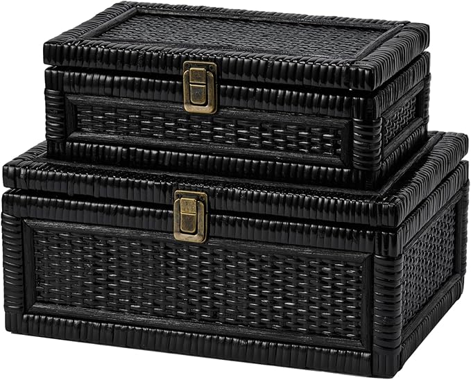 2PCS Rattan Boxes with Lid Decorative Natural Handmade Boho Baskets Woven Wicker Cane Bin Keepsake Memory Jewelry Rectangular Desk Shelf Closet Organizer Container (Black, 1 Large 1 Small)
