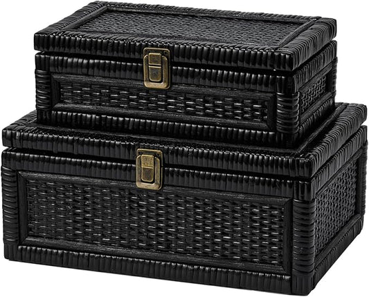 2PCS Rattan Boxes with Lid Decorative Natural Handmade Boho Baskets Woven Wicker Cane Bin Keepsake Memory Jewelry Rectangular Desk Shelf Closet Organizer Container (Black, 1 Large 1 Small)