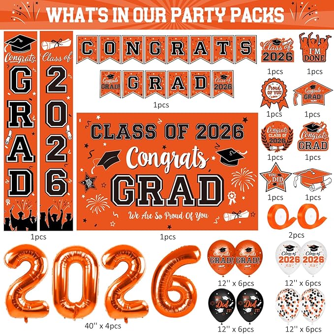 Graduation Decorations Class of 2026 - Orange Graduation Party Supplies Congrats Grad Backdrop & Banner, Hanging Swirls, Porch Sign, Balloons for High School & College Celebrations