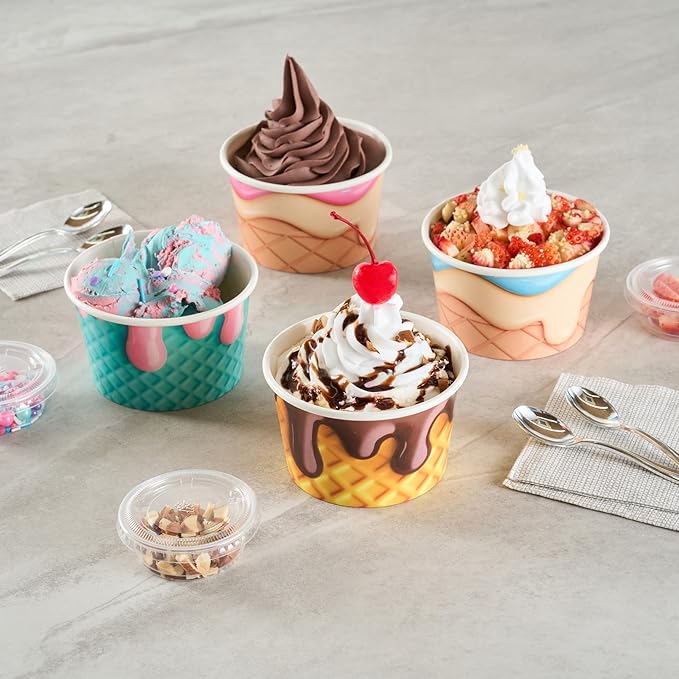 Restaurantware Ice Cream Cups 50 Pack of 8 oz Leak-Resistant Disposable Dessert Bowl Frozen Yogurt Cup Round Paper Container For Cold And Hot Desserts