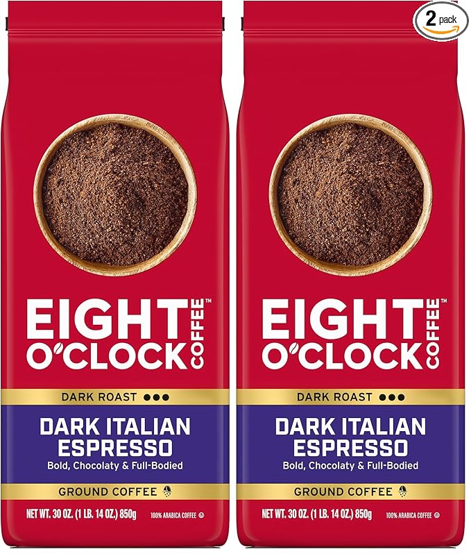 Eight O'Clock Coffee Dark Italian Espresso, Dark Roast Ground Coffee, 100% Arabica, Bold & Chocolaty, 30 Ounce (Pack of 2)