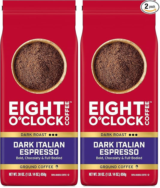Eight O'Clock Coffee Dark Italian Espresso, Dark Roast Ground Coffee, 100% Arabica, Bold & Chocolaty, 30 Ounce (Pack of 2)