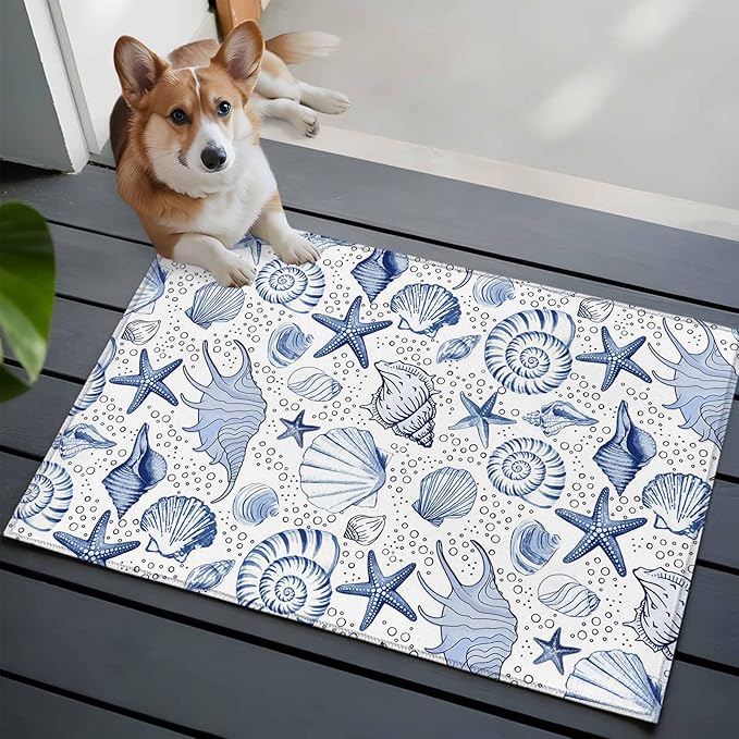 Area Rug 2x3ft, Navy Blue Starfish Conch Shell Seamless Washable Rugs for Living Room Bedroom, Summer Ocean Bubbles Soft Non-Slip Area Rugs Rectangle Floor Carpet for Dining Room