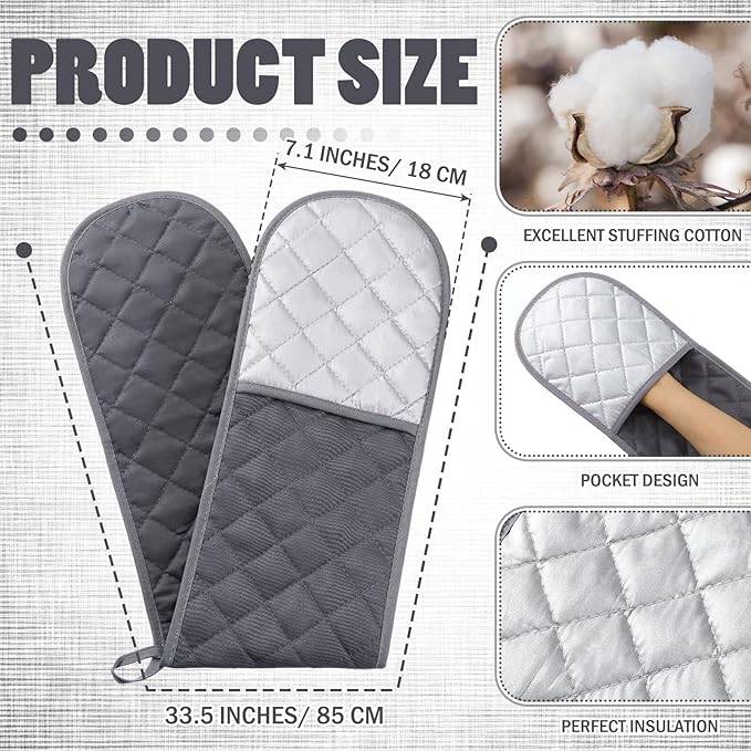 Neer 2 Pcs Double Oven Mitts Heat Resistant Kitchen Oven Gloves Non Slip Double Pot Holder Long Kitchen Mittens Cooking Gloves for Cooking Baking Collection Grilling BBQ Microwave(Grey)