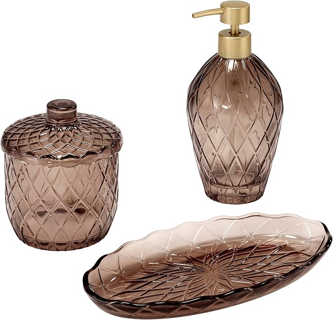 Nicole Miller – Bathroom Accessory Set, Embossed Glass with Diamond Trellis Design & Scalloped Edge, Decorative Lotion Pump, Soap Dish, Toothbrush Holder & Tumbler (Bijou Brown)