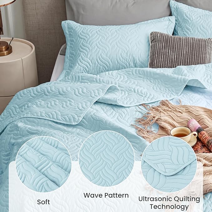 Love's cabin Quilts for Queen Bed Light Blue Bedspreads - Soft Bed Summer Lightweight Bedspread Comforter - Modern Style Wave Pattern Coverlet for All Season - 3 Pieces (1 Quilt, 2 Pillow Shams)