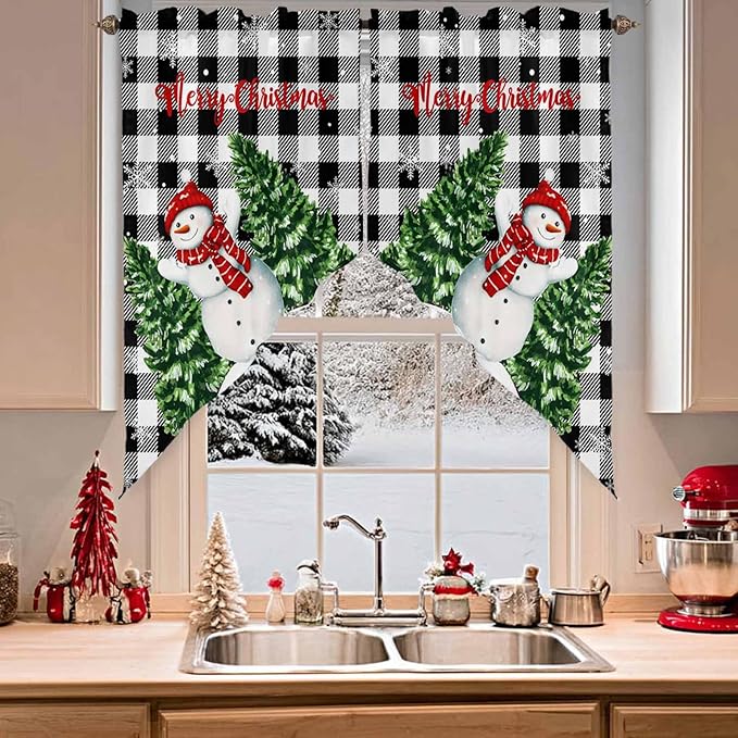 Christmas Tree Snowman Swag Valance Curains Winter Snowflake Black Buffalo Plaid Rod Pocket Kitchen Curtains Scalloped Window Treatment Valances Swag for Living Room Bedroom, 1 Pair, 28"W x 36"L