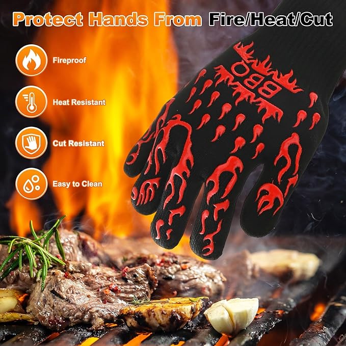 M METERXITY 1-Pair BBQ Gloves, 1472°F Heat Resistant Non-Slip Grilling Oven Gloves for Barbecue/Baking/Cooking [S Size, Red]