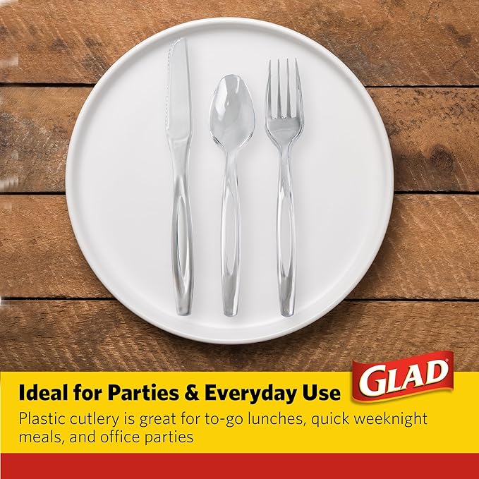 Glad Clear Disposable Cutlery Set with Heavy Duty Plastic Forks, Knives, and Spoons, Reusable Dishwasher Safe Plastic Utensils for Parties and Everyday Use, 120 Count