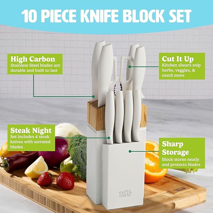 Tasty Kitchen Knife Set with Block, Cutlery Set includes Chef, Bread, Utility, Paring, Steak Knives & Shears, 10-Piece, White