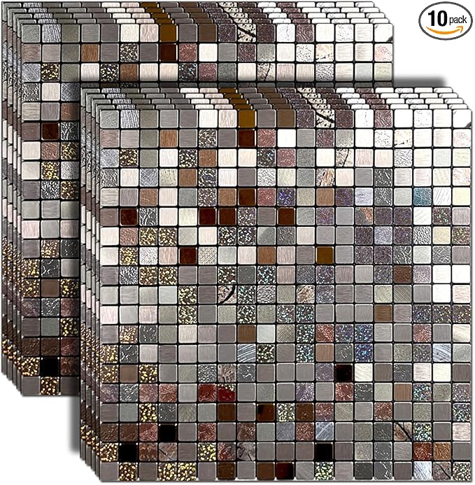 10 Sheets Peel and Stick Backsplash Tile, Self-Adhesive Mosaic Tile, Stick on Kitchen, Bathroom Vanities, Fireplace Décor, Laundry Table (10, Mixed Bronze)