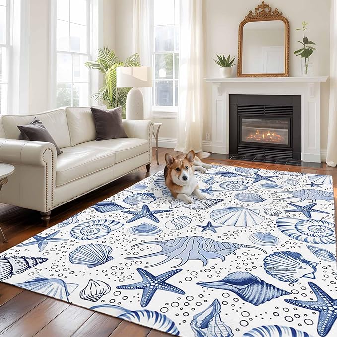 Area Rug 6x9ft, Navy Blue Starfish Conch Shell Seamless Washable Rugs for Living Room Bedroom, Summer Ocean Bubbles Soft Non-Slip Area Rugs Rectangle Floor Carpet for Dining Room
