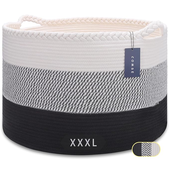 COMSE Extra Large Blanket Basket, Woven Laundry Basket, 21.7”x 13.8”, Nursery Hamper, Cotton Rope Laundry Hamper Living Room for Storage Toys Clothes Towels (White &Gray &Black)