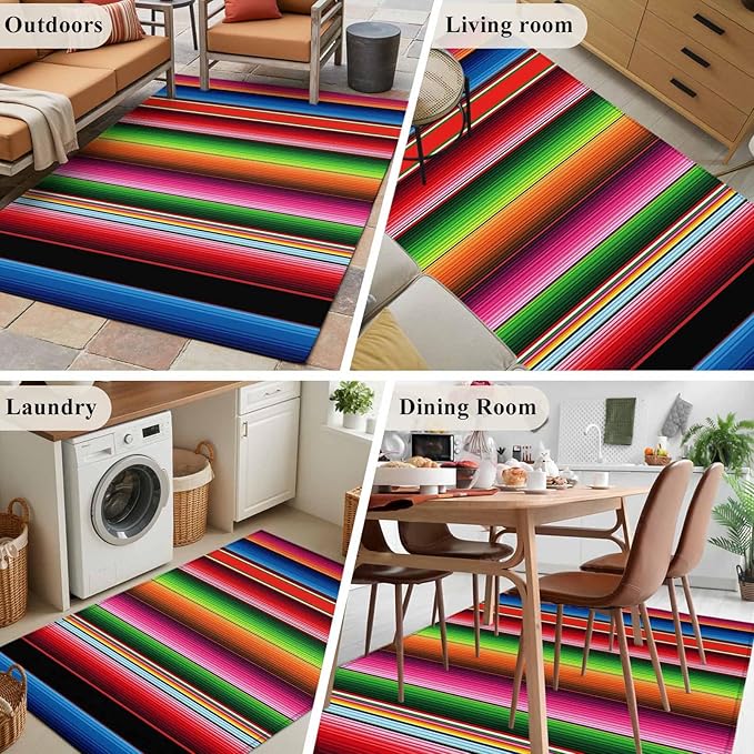 Area Rug 3x5ft, Mexico Art Colorful Stripes Washable Rugs for Living Room Bedroom, Color Gradient Lines Soft Non-Slip Area Rugs Rectangle Floor Carpet for Dining Room