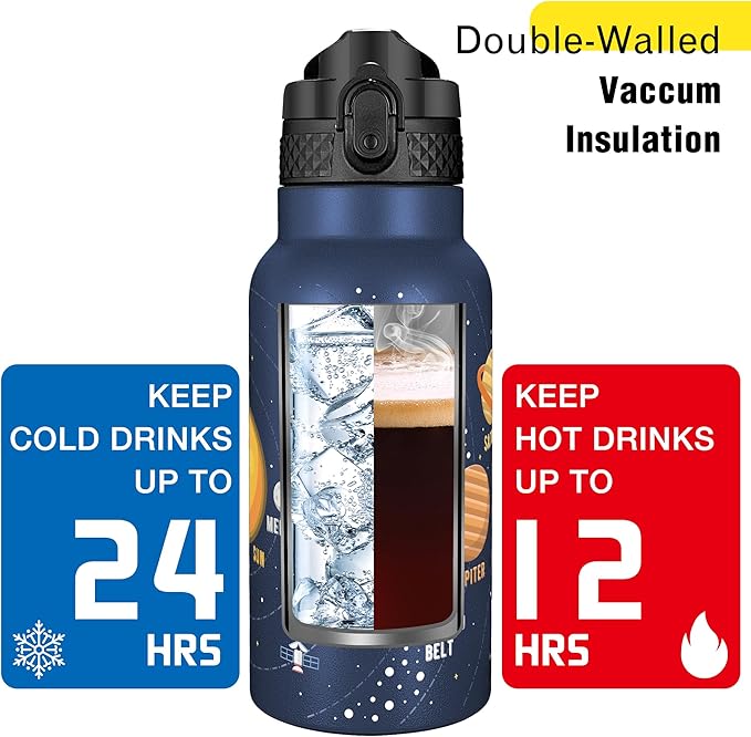 Han's Bottle Kids Water Bottle with Straw Lid - Insulated Stainless Steel Reusable Tumbler for Girls,Boys,Thermo Mug,17oz,Space Planet