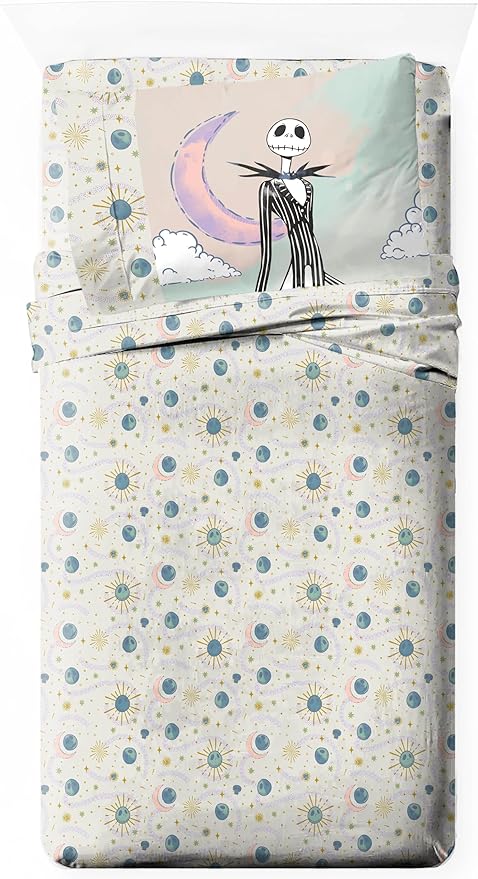 Jay Franco Sheet Set with Fitted, Flat Sheets & Pillow Cover - Ultra-Soft Bedding with Pillowcase for Room Decor, Beige - Nightmare Before Christmas, 3 Piece Twin