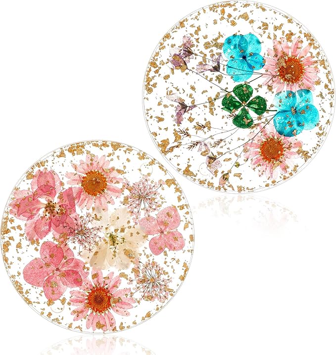 2 Pack Dried Floral Coasters, Flower Drink Resin Coasters Non-SlipDrink Cup Mat for Tabletop Protection Reusable Round Kitchen Utensils for Dining Cups Coffee Bar Mugs Table Wooden Desk