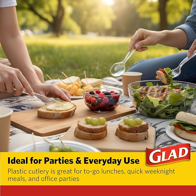Glad Clear Disposable Cutlery Set with Heavy Duty Plastic Forks, Knives, and Spoons, Reusable Dishwasher Safe Plastic Utensils for Parties and Everyday Use, 24 Count