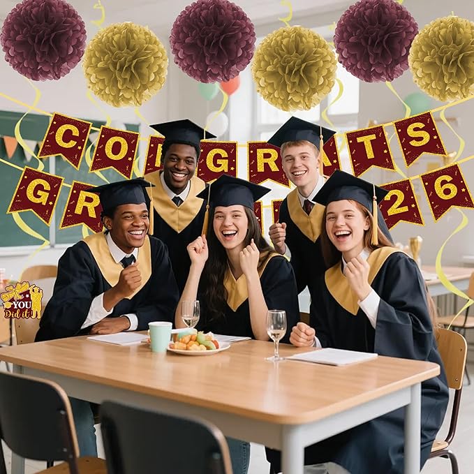 17 Pcs Maroon and Gold Graduation Decorations, Congrats Grad 2026 Banner Set with Hanging Swirls & Tissue Paper Pom Poms, Class of 2026 Graduation Party Decor