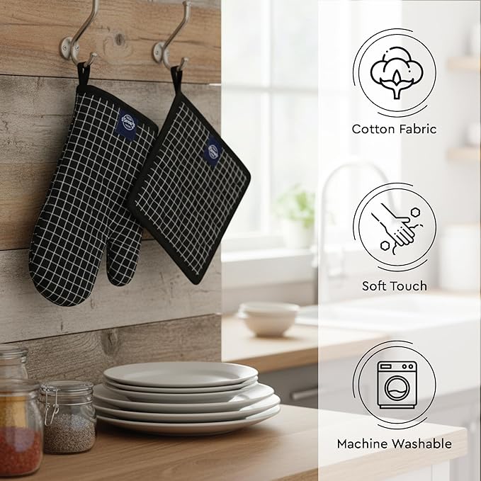 Encasa XO Heat Resistant 100% Cotton Oven Glove & Potholder Set with Loop, Kitchen Cooking Mittens, Microwave Safe Hot Pads (Butcher Checks Black)