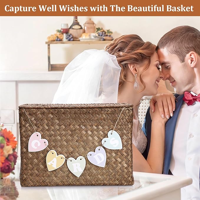 Hipiwe Wedding Card Basket Box Handwoven Wedding Favors Post Boxes with Lid Seagrass Receiving Box Wedding Card Boxes for Birthdays Graduation Ceremonies Party, Coffee Color