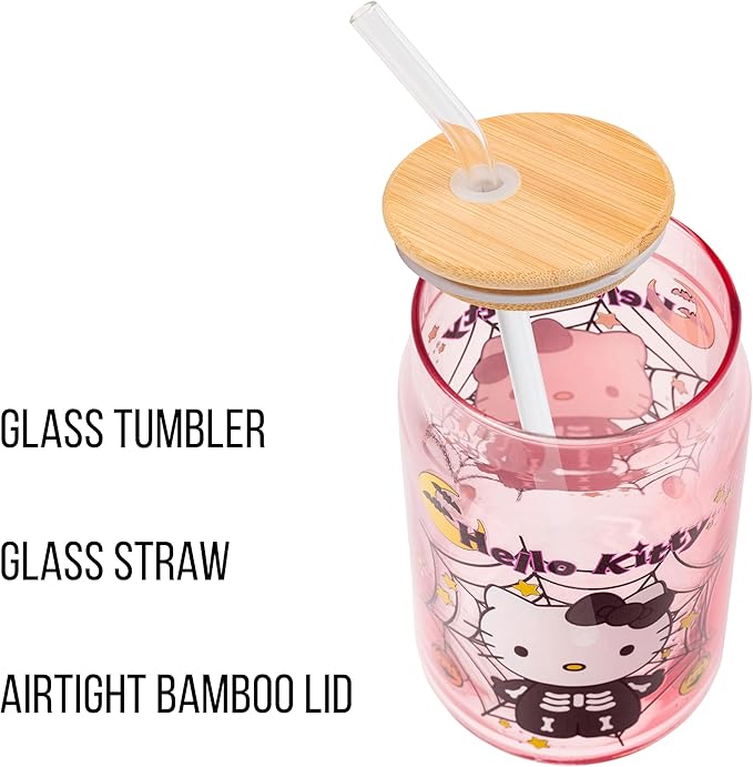 Silver Buffalo Sanrio Hello Kitty Halloween Spooky Skeleton Costume Pink Lavender Glass Jar Tumbler with Bamboo Lid and Glass Straw, 16 Ounces